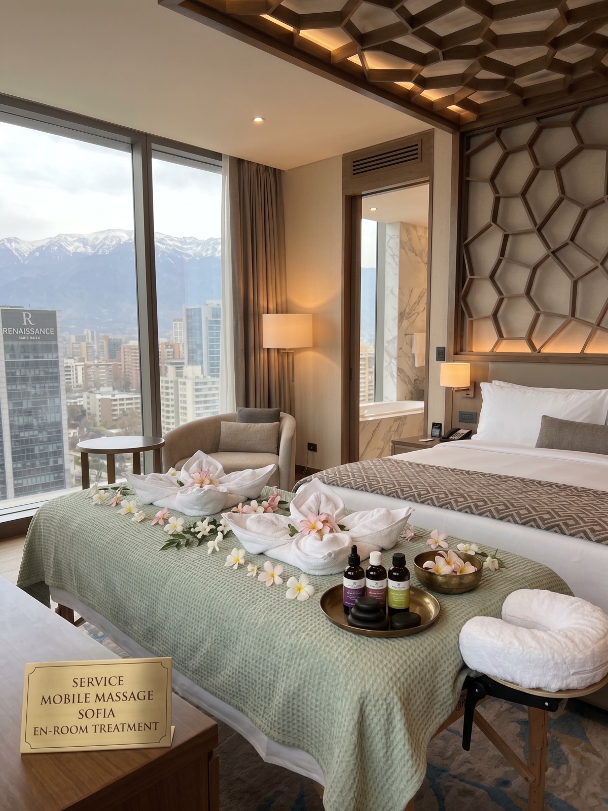 Professional hotel masseuse providing mobile spa care in Santiago luxury suite
